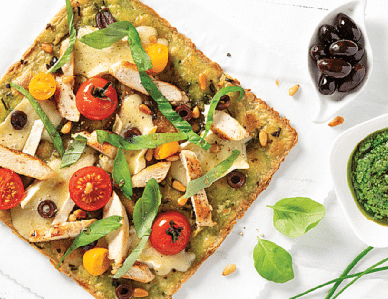 Chicken, Brie & Pesto Pizza - Humanity Bakery